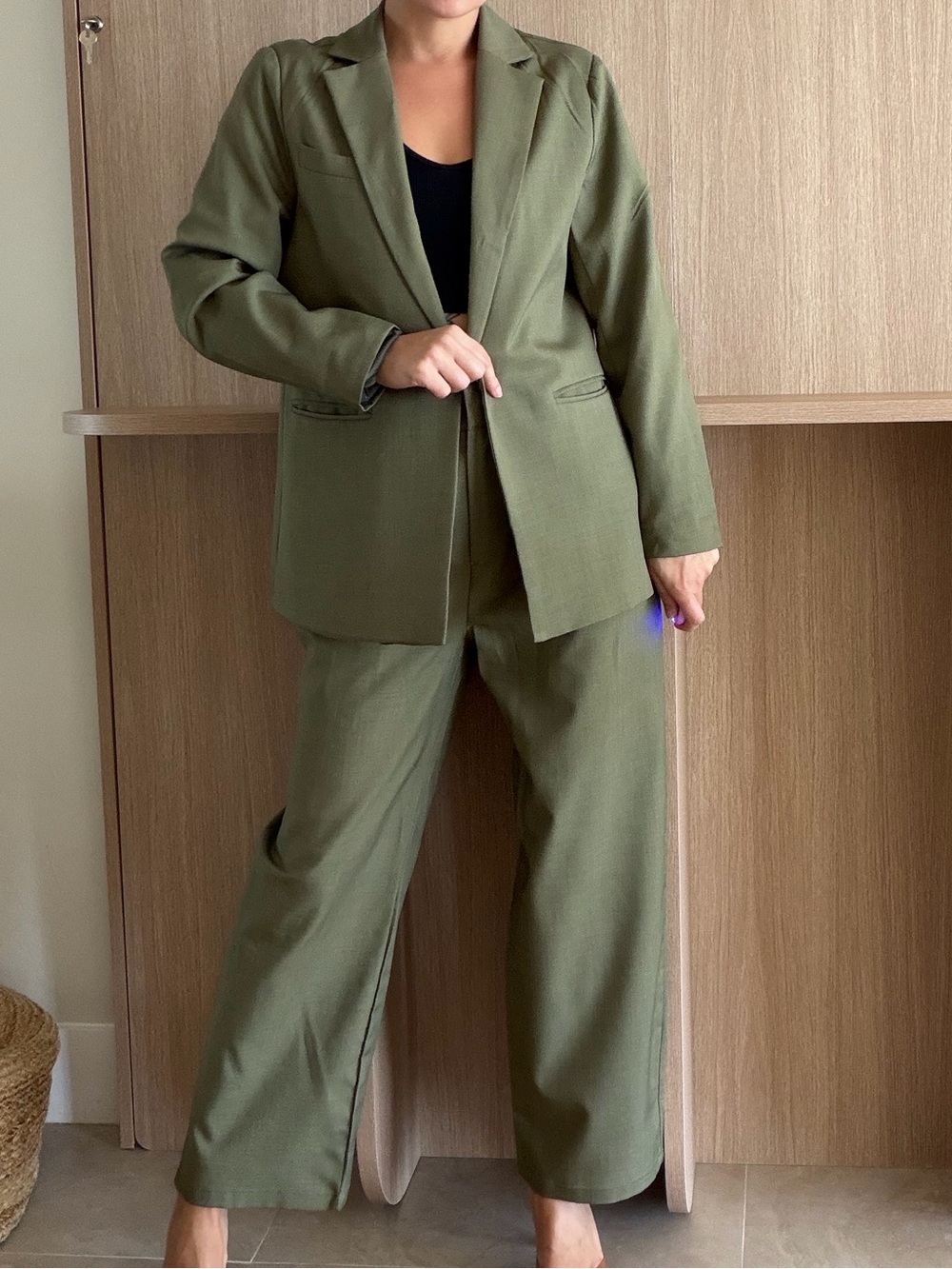 Olive Green Wide-Leg Pants & Blazer Set - Women